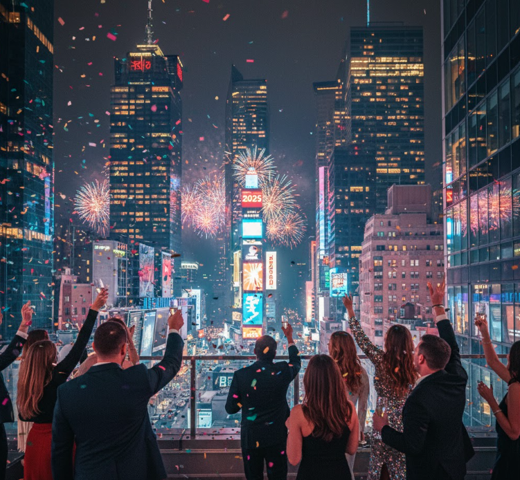 New York City skyline with fireworks welcoming the New Year