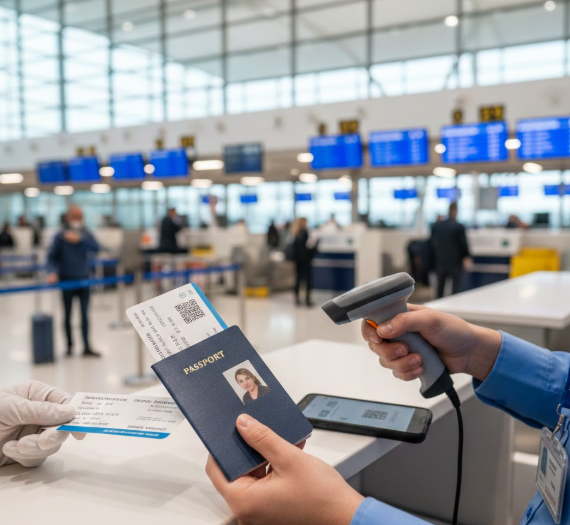 Airport staff checking a passenger’s passport for validity and blank pages at check-in