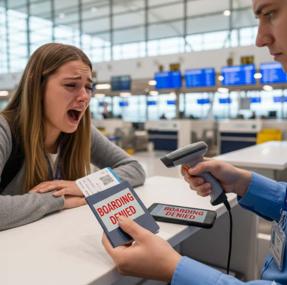 Traveler showing visa documents and eVisa on a smartphone to airline staff