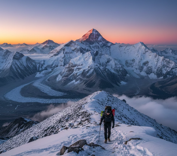 Trekker walking toward Everest at sunrise