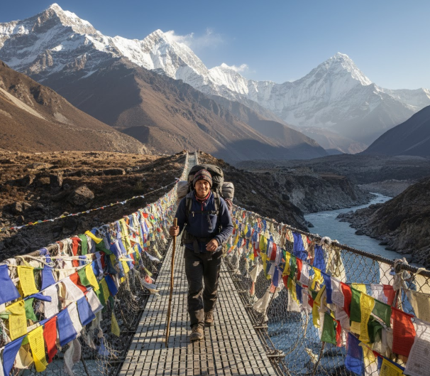 Everest Base Camp Trek Itinerary 2026: The Ultimate and Essential Day-by-Day Guide Sherpa crossing a suspension bridge