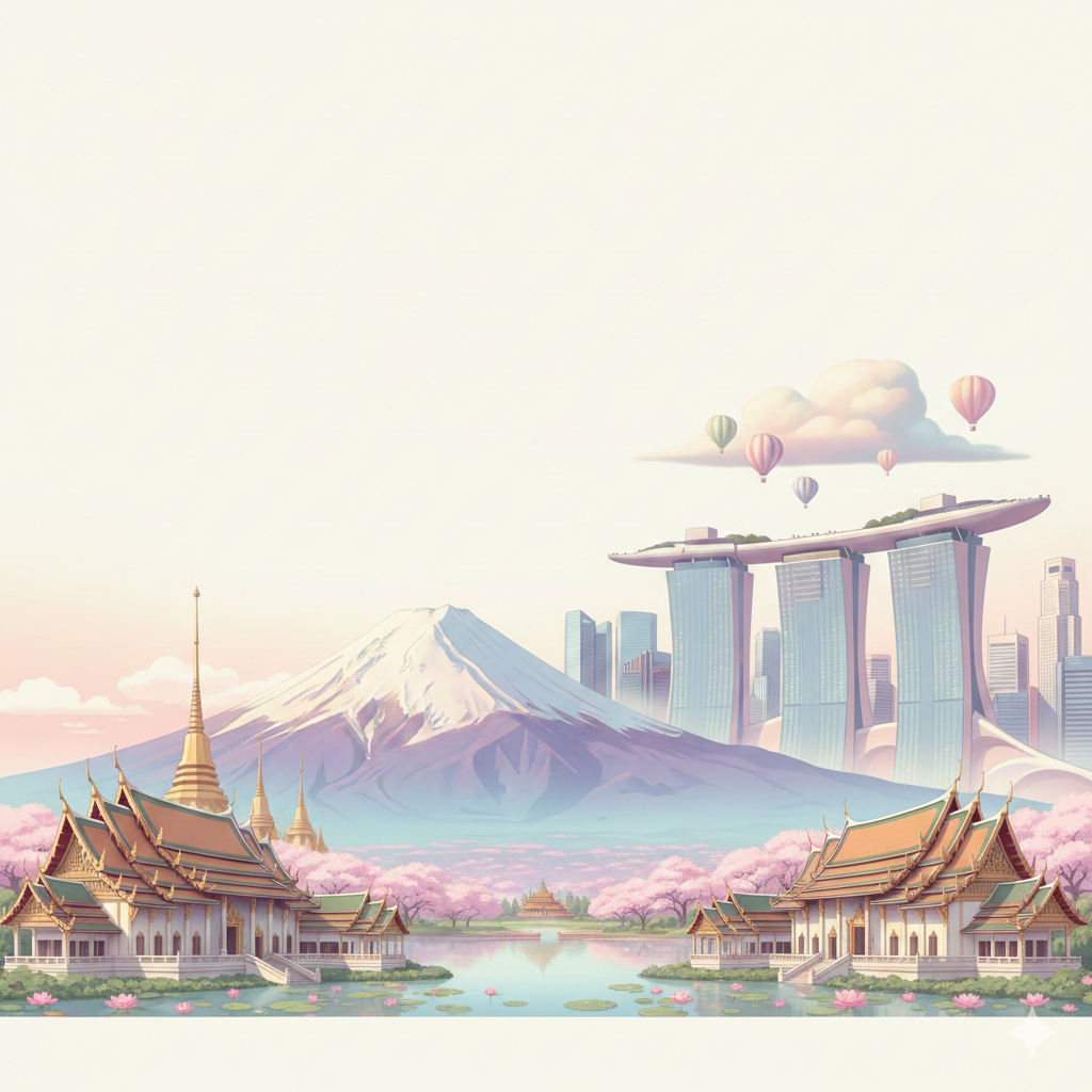 Asia travel guides hero banner – Asia landmarks illustration
