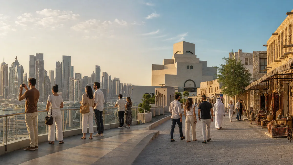 Travelers comparing modern Dubai attractions with museums and souqs in Doha