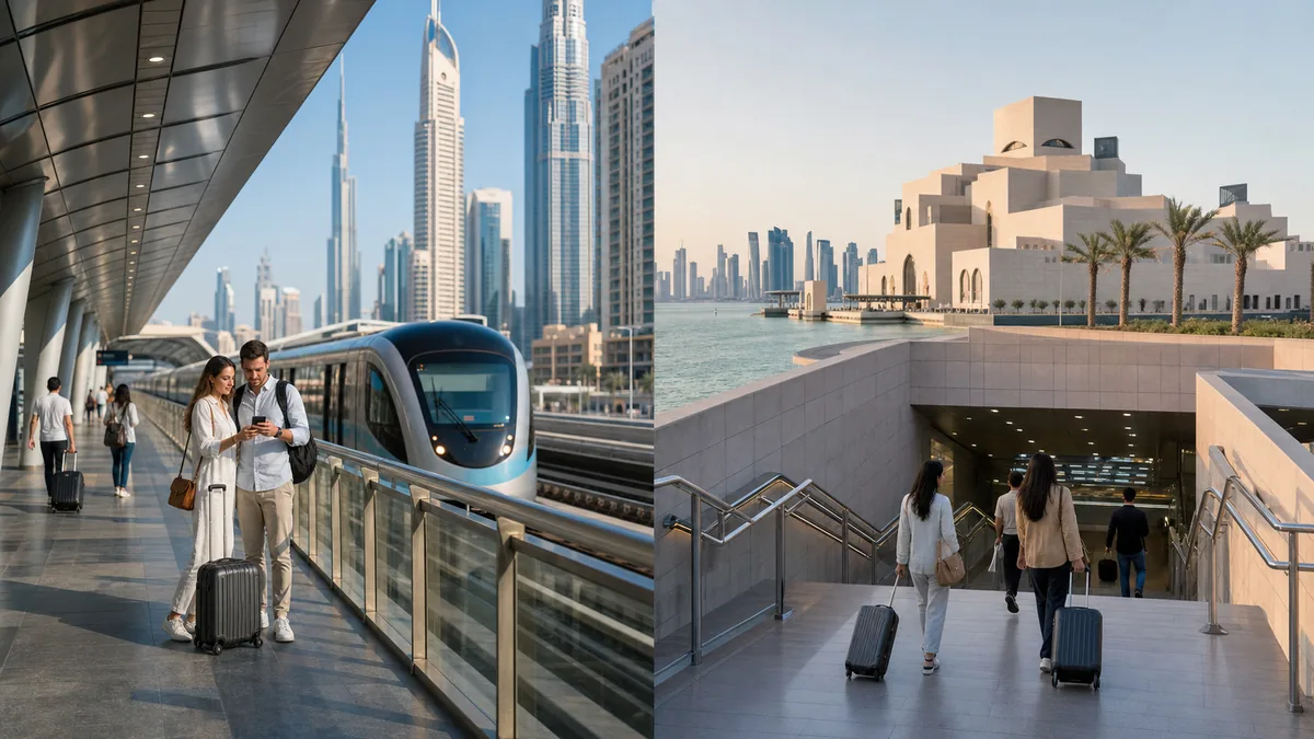Travelers using modern metro transport during Dubai and Doha stopovers