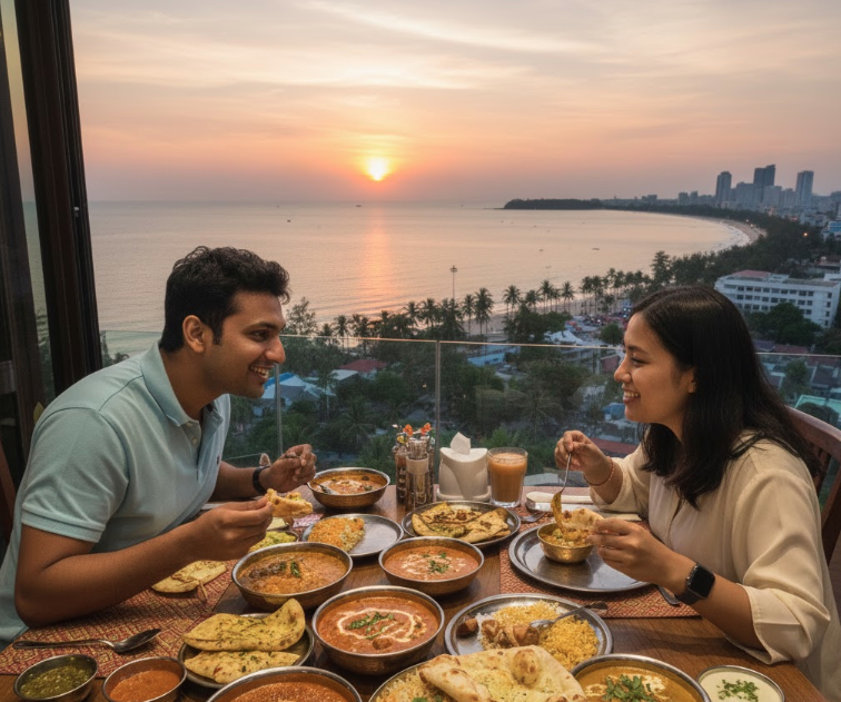 Indian Food in Thailand (2026): Where Indians Can Actually Find Real Desi Food — From Bangkok to Phuket & Even the Airports indian couple eating butter chicken and naan at restaurant overlooking patong beach