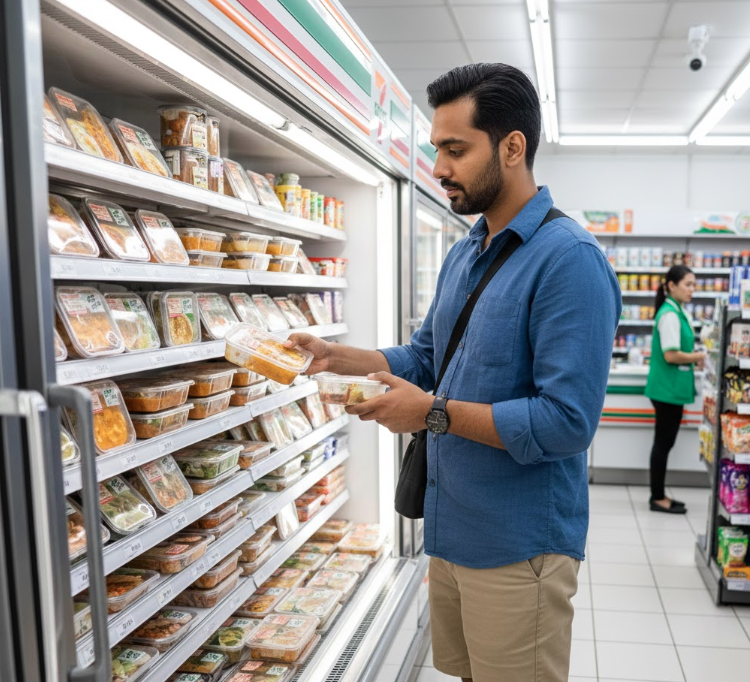 Indian Food in Thailand (2026): Where Indians Can Actually Find Real Desi Food — From Bangkok to Phuket & Even the Airports Indian traveller choosing ready meals in a 7-Eleven store in Thailand