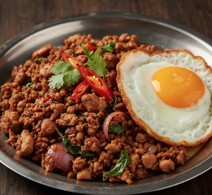 Indian Food in Thailand (2026): Where Indians Can Actually Find Real Desi Food — From Bangkok to Phuket & Even the Airports Plate of Thai krapao with fried egg that looks similar to spicy Indian stir fry