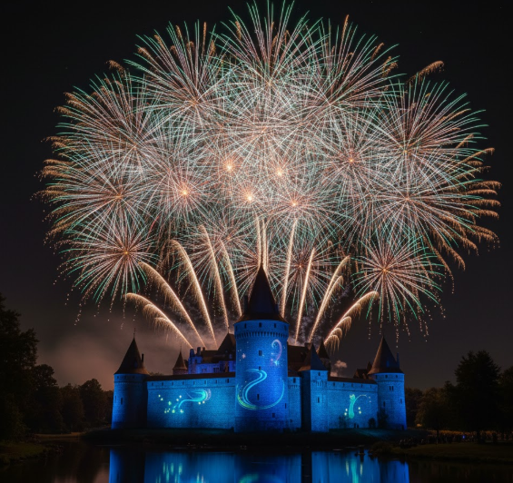 fireworks momentous night show castle glowing in blue lights hong kong disneyland