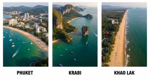 Phuket vs Krabi vs Khao Lak: 15 Key Differences You Must Know Before Choosing (Honest Guide) Phuket vs Krabi vs Khao Lak aerial comparison photo