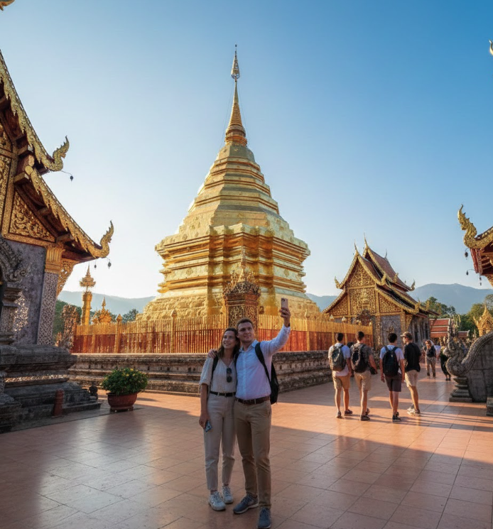 Best Time to Visit Thailand (2025–2026 Guide): Weather, Seasons & Where to Go Cool season weather in Chiang Mai with clear skies and visitors exploring temples.