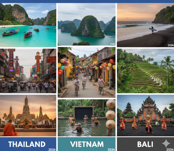 Thailand vs Vietnam vs Bali: Which Destination Is Actually Worth It in 2026? Thailand vs Vietnam vs Bali travel comparison in 2026 showing beaches, cities, and culture"