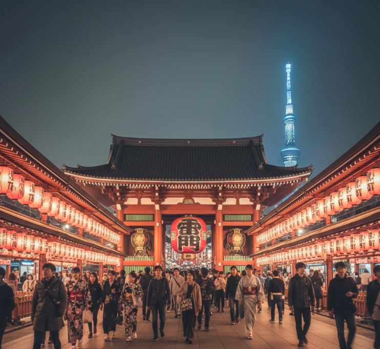 Senso-ji Temple in Asakusa with red lanterns.