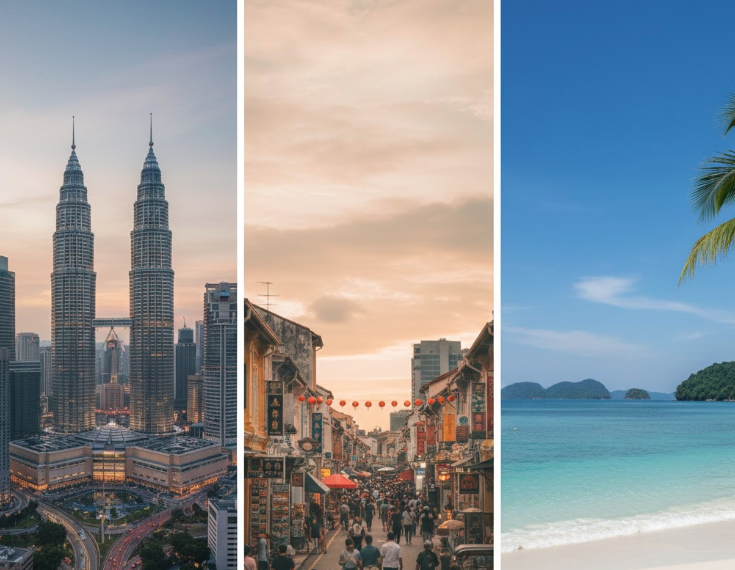 7 Days Kuala Lumpur Itinerary With Day Trips (2026 Complete Guide) Split-scene travel comparison image showing Kuala Lumpur skyline, Penang George Town streets, and Langkawi beach, clean composition