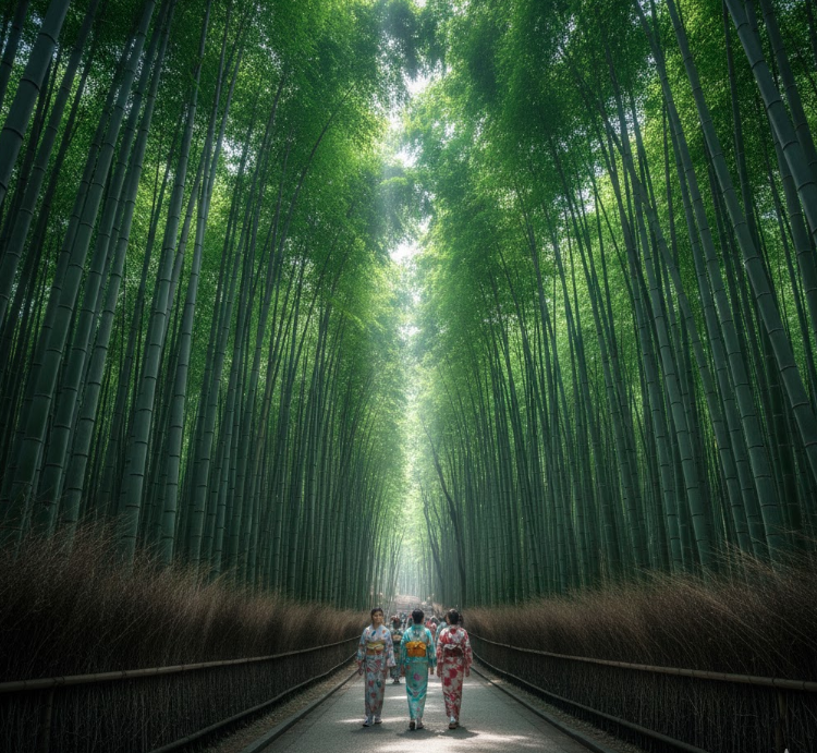 Tall bamboo forest path in Arashiyama Kyoto.