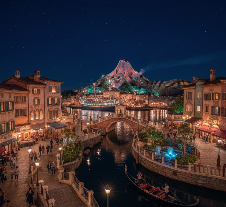 Mediterranean harbor-style theme park at Tokyo with volcanic mountain backdrop.