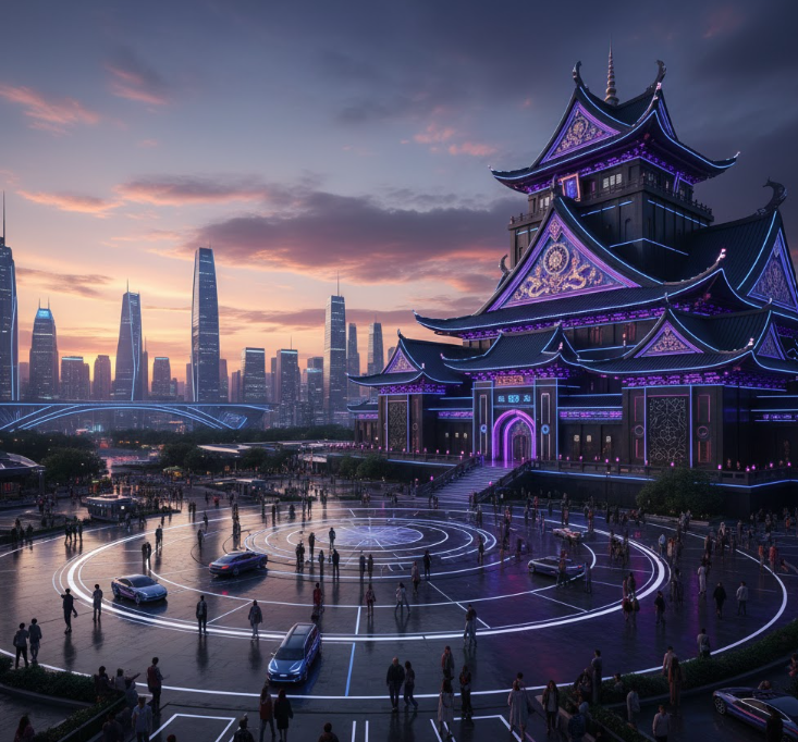 Futuristic fantasy castle at Shanghai theme park during dusk