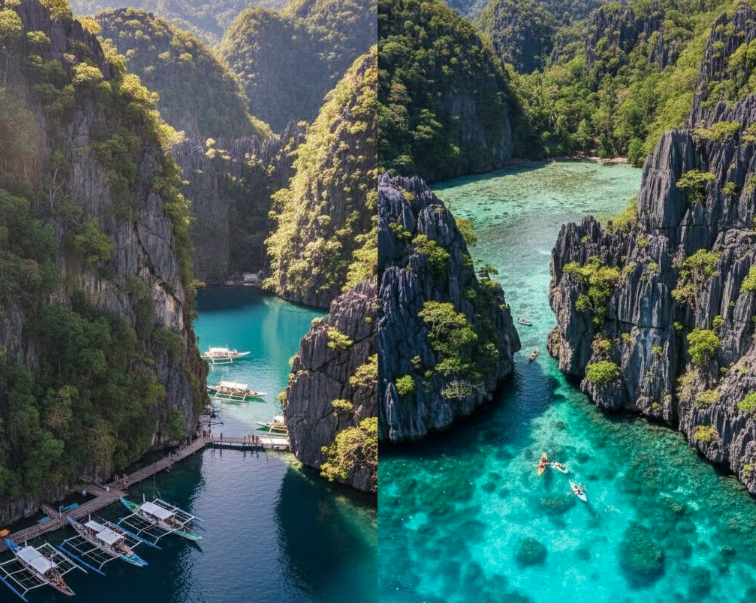 Coron vs El Nido comparison showing Kayangan Lake and Big Lagoon scenery