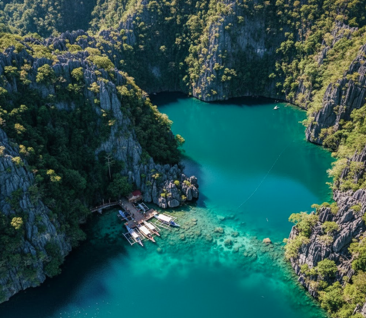 Coron vs El Nido: The Ultimate Honest Showdown (Which Is Better?)Coron vs El Nido Aerial view of Kayangan Lake in Coron with limestone cliffs.