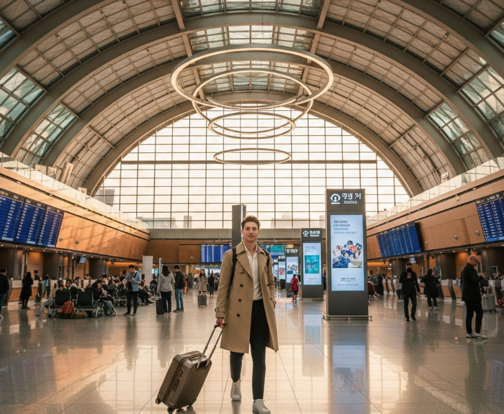 Traveller with suitcase walking through modern Seoul airport terminal
