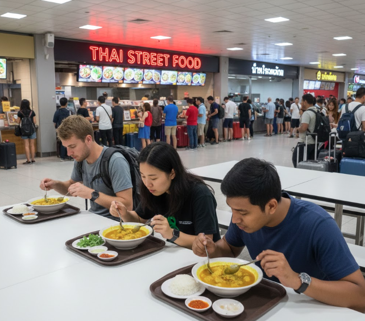 Indian Food in Thailand (2026): Where Indians Can Actually Find Real Desi Food — From Bangkok to Phuket & Even the Airports Travellers eating curry and rice at Bangkok Suvarnabhumi Airport food court.