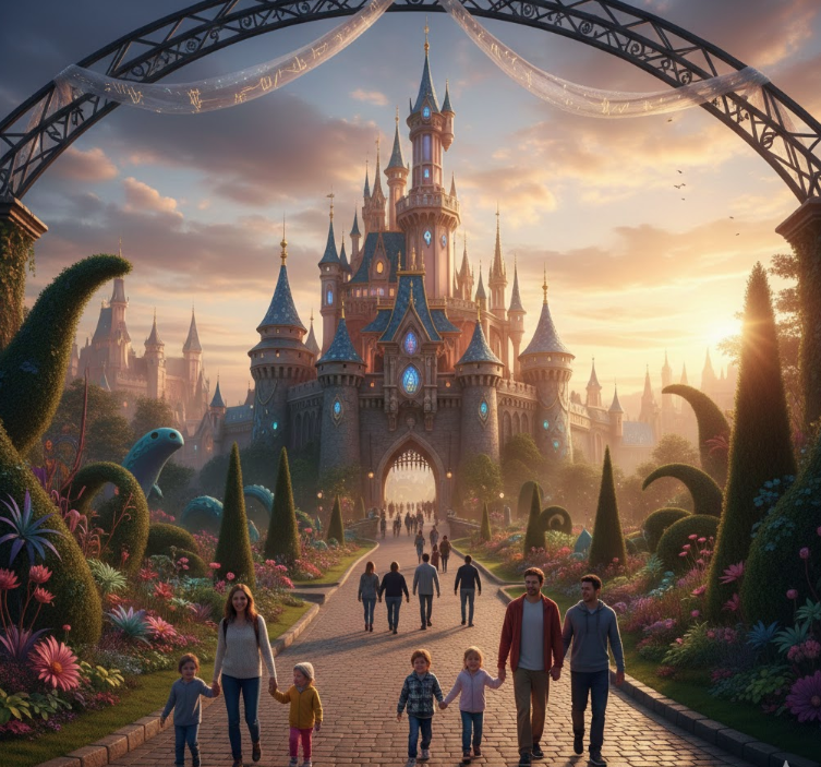 plan a trip to Disneyland. Fairytale-style theme park entrance at sunrise with families walking inside