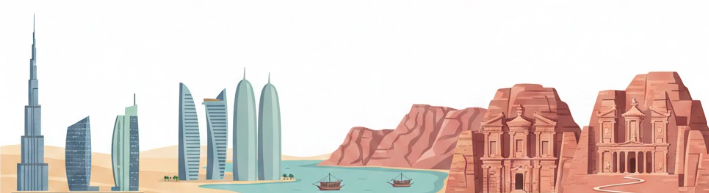 Middle East travel hub illustration featuring Dubai, Doha, Oman, and Jordan landmarks