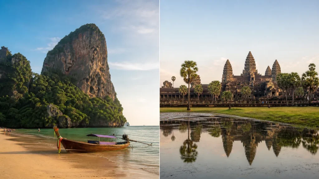 Thailand beach and Angkor Wat in Cambodia compared side by side