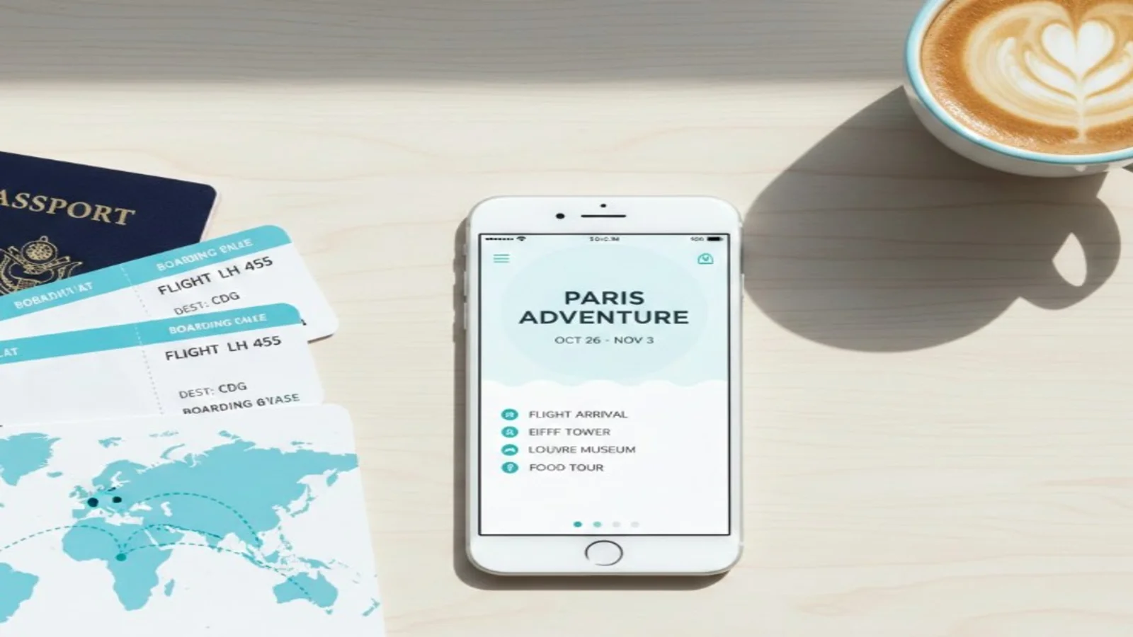 Home Smart travel planning with itinerary, passport, boarding pass, and world map
