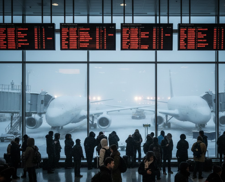 winter storm travel disruption displayed on airport departure boards