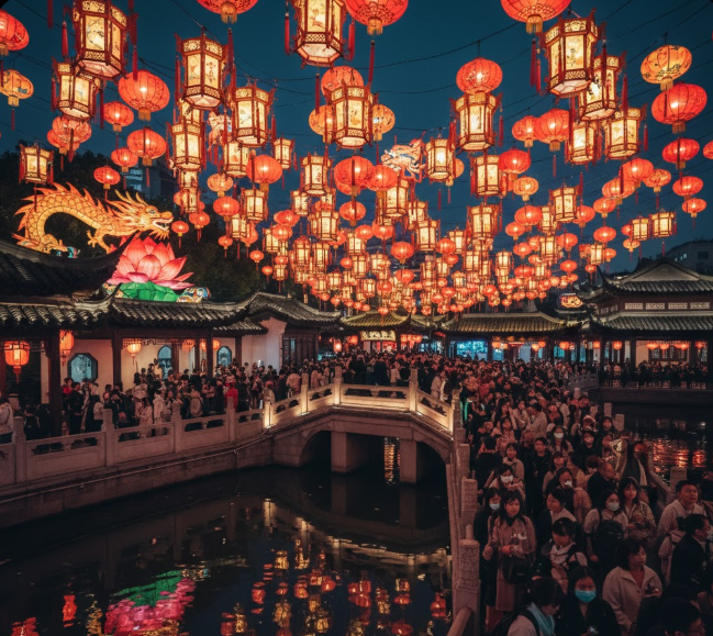 Yuyuan Lantern Festival lantern reflections at Jiuqu Bridge