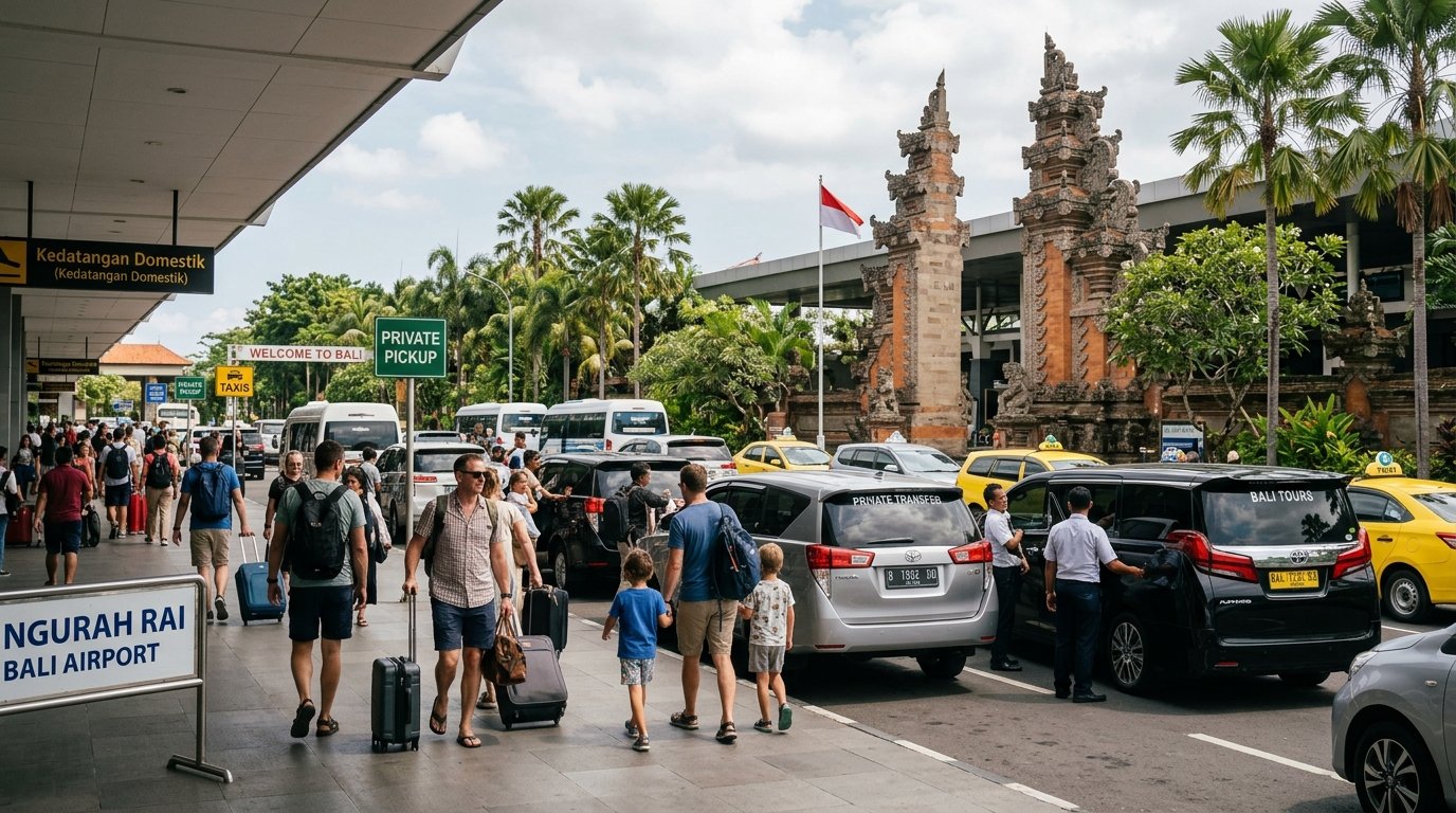 Bali Airport transfer to Ubud Seminyak and Canggu showing taxis and private cars at Ngurah Rai Airport