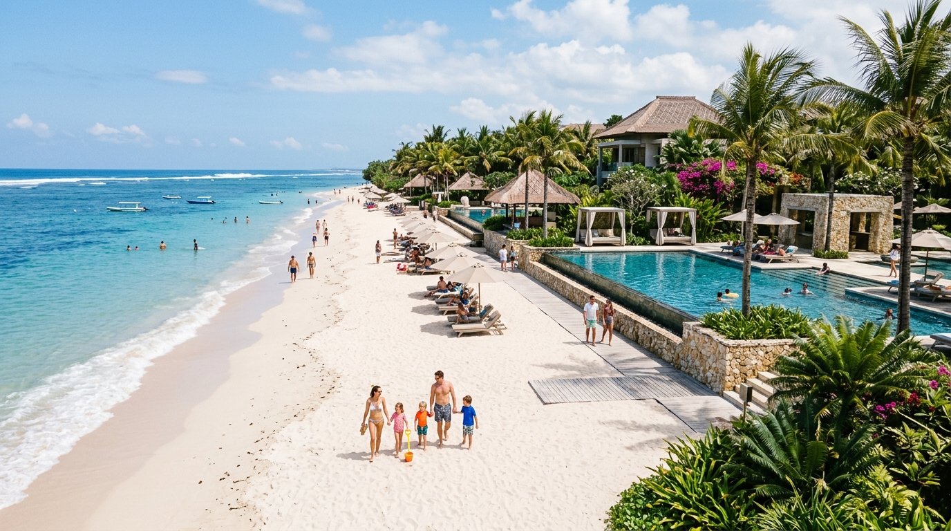 Luxury beachfront resort in Nusa Dua Bali with pristine beach and family swimming