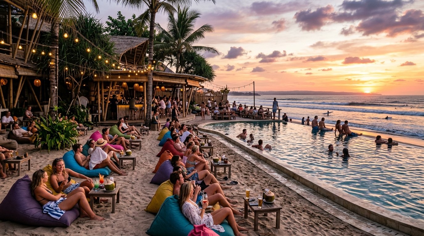 Trendy Seminyak beach club in Bali with infinity pool overlooking the ocean at sunset