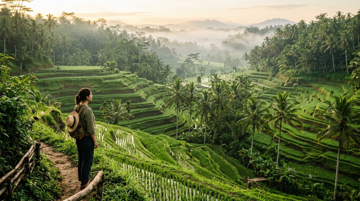 Tegallalang rice terrace in Ubud Bali with lush green cascading paddies and morning mist