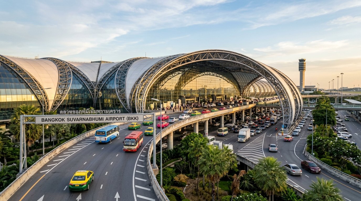 Bangkok Suvarnabhumi Airport modern glass arch terminal building exterior
