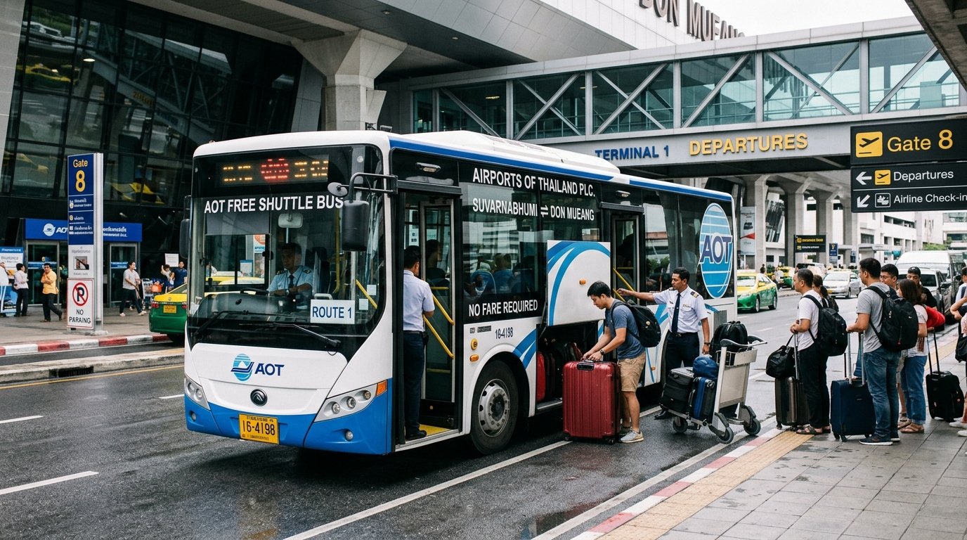 Free AOT shuttle bus connecting Suvarnabhumi BKK and Don Mueang DMK airports