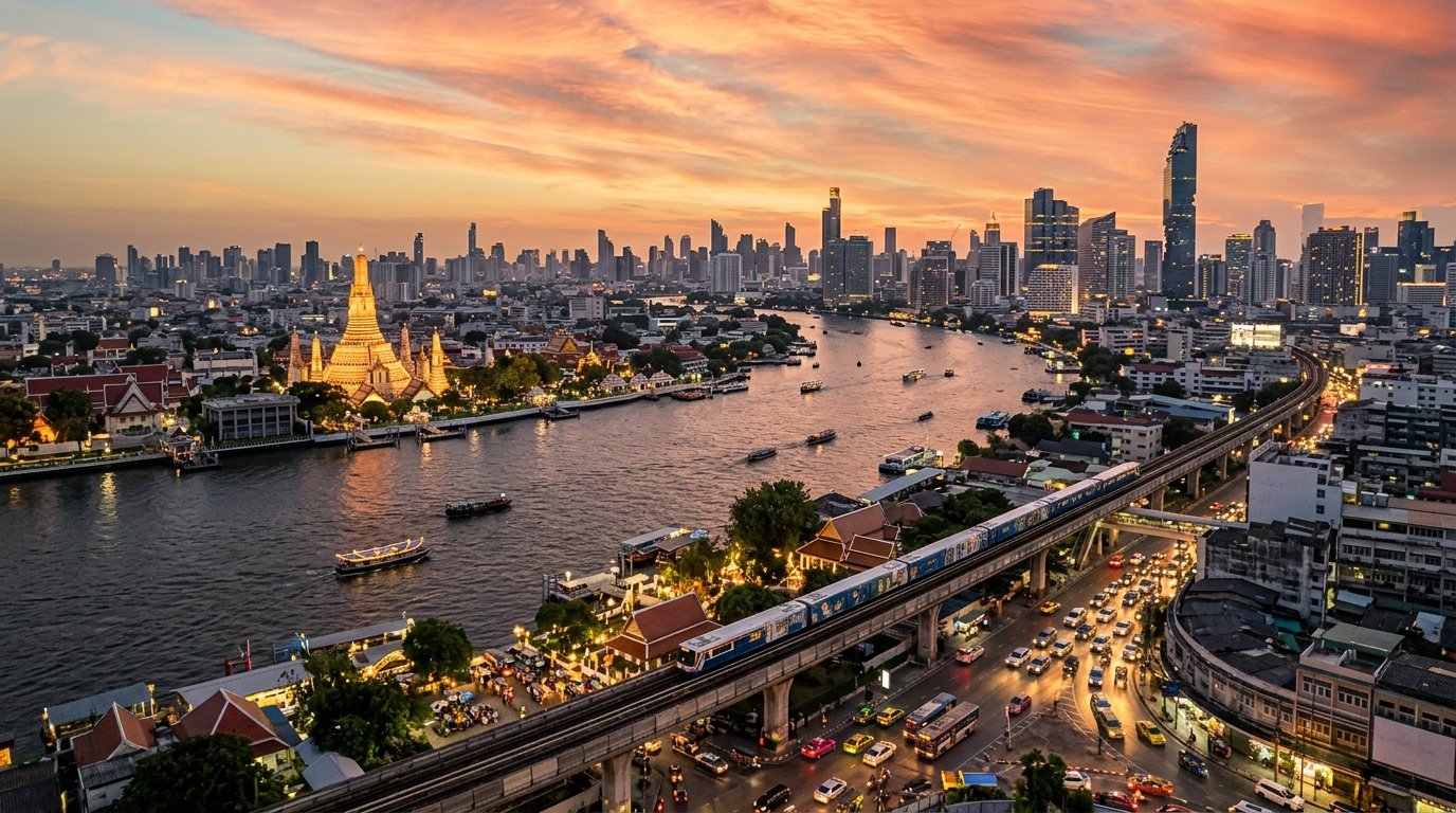 Where to stay in Bangkok showing Wat Arun temple on Chao Phraya river with BTS Skytrain and Sukhumvit skyline at sunset