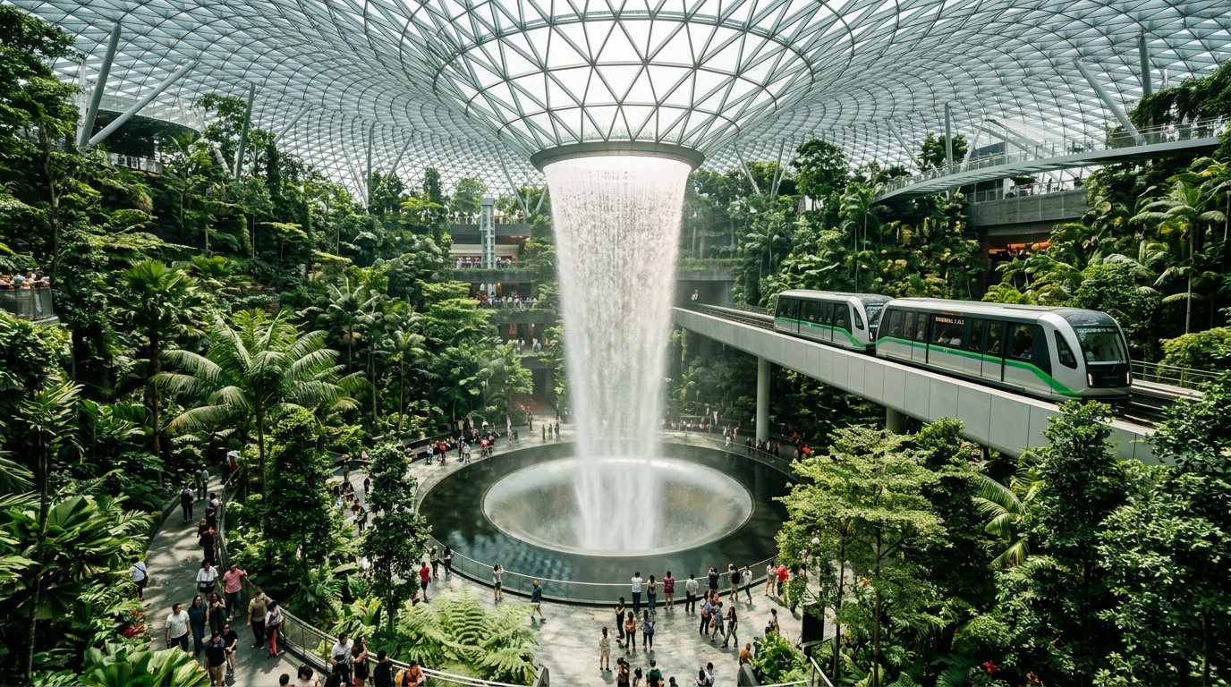 Singapore Changi Airport Jewel Rain Vortex waterfall and inter-terminal Skytrain transit view