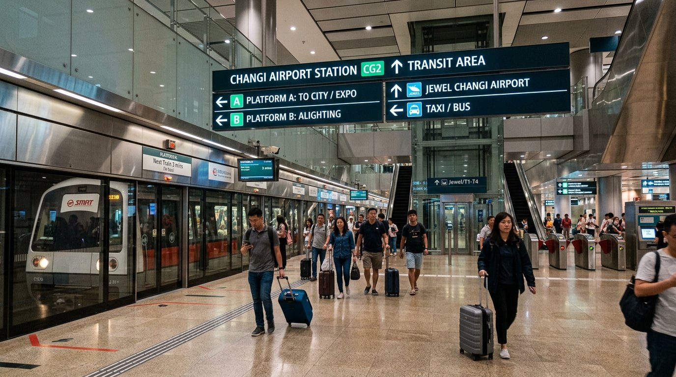 Commuters and travellers walking through a modern Singapore MRT train station concourse