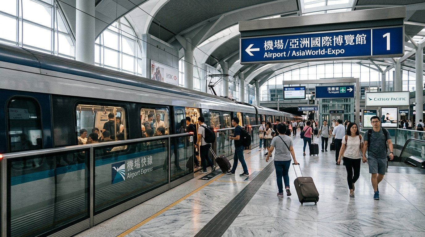Hong Kong Airport Express MTR train at platform with travellers and bilingual signage