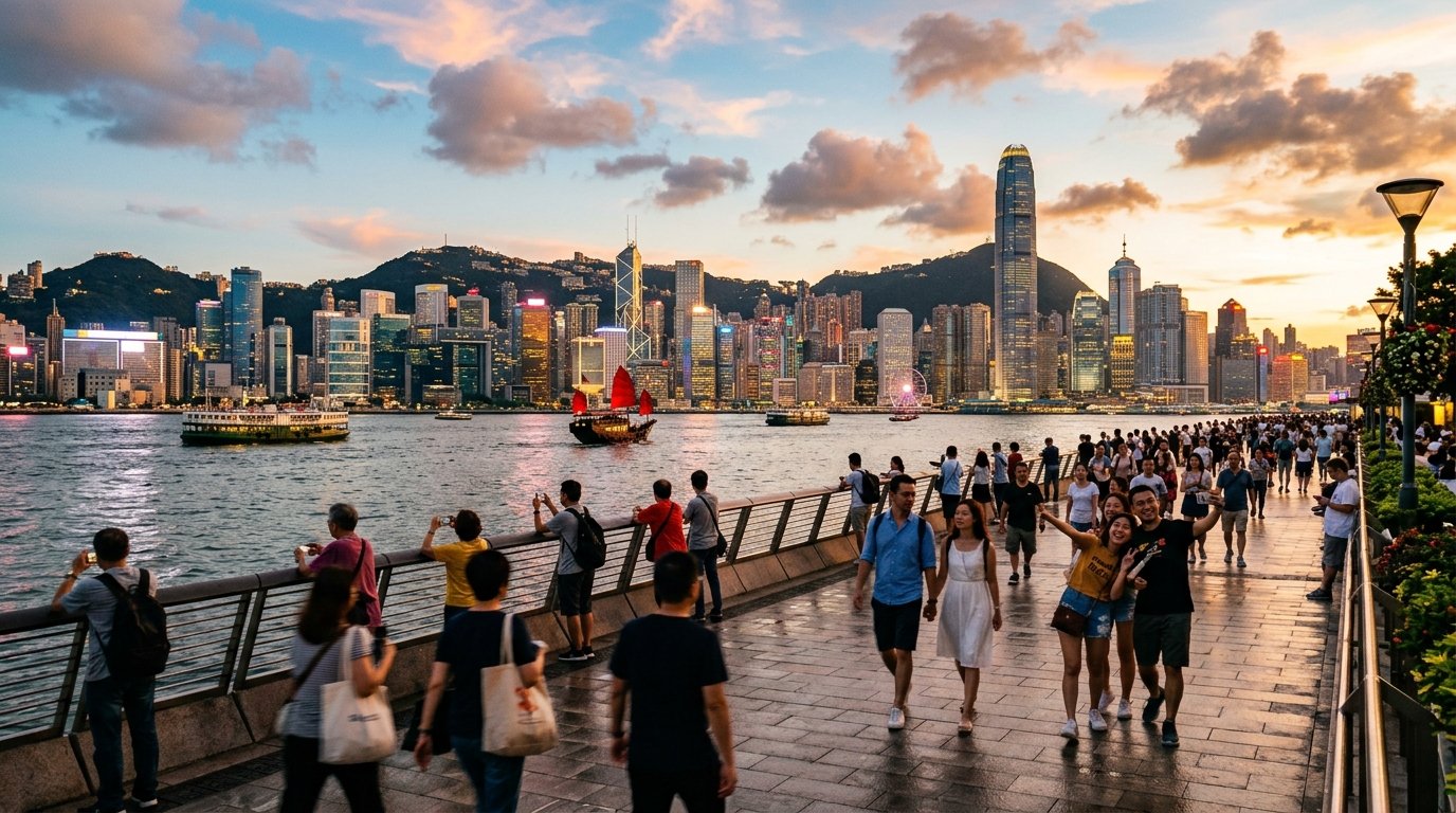 Tsim Sha Tsui waterfront promenade in Kowloon with Hong Kong Island skyline