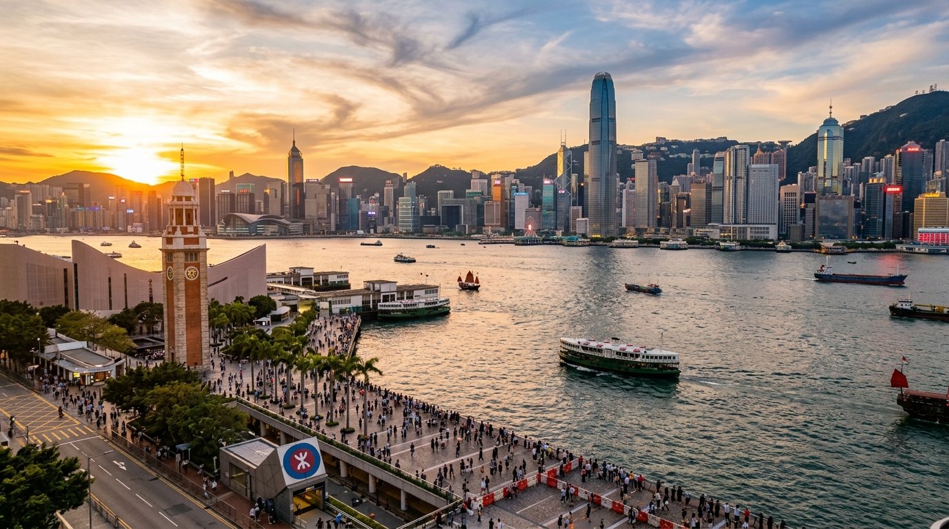 Where to stay in Hong Kong area comparison showing Victoria Harbour and Tsim Sha Tsui promenade at golden hour