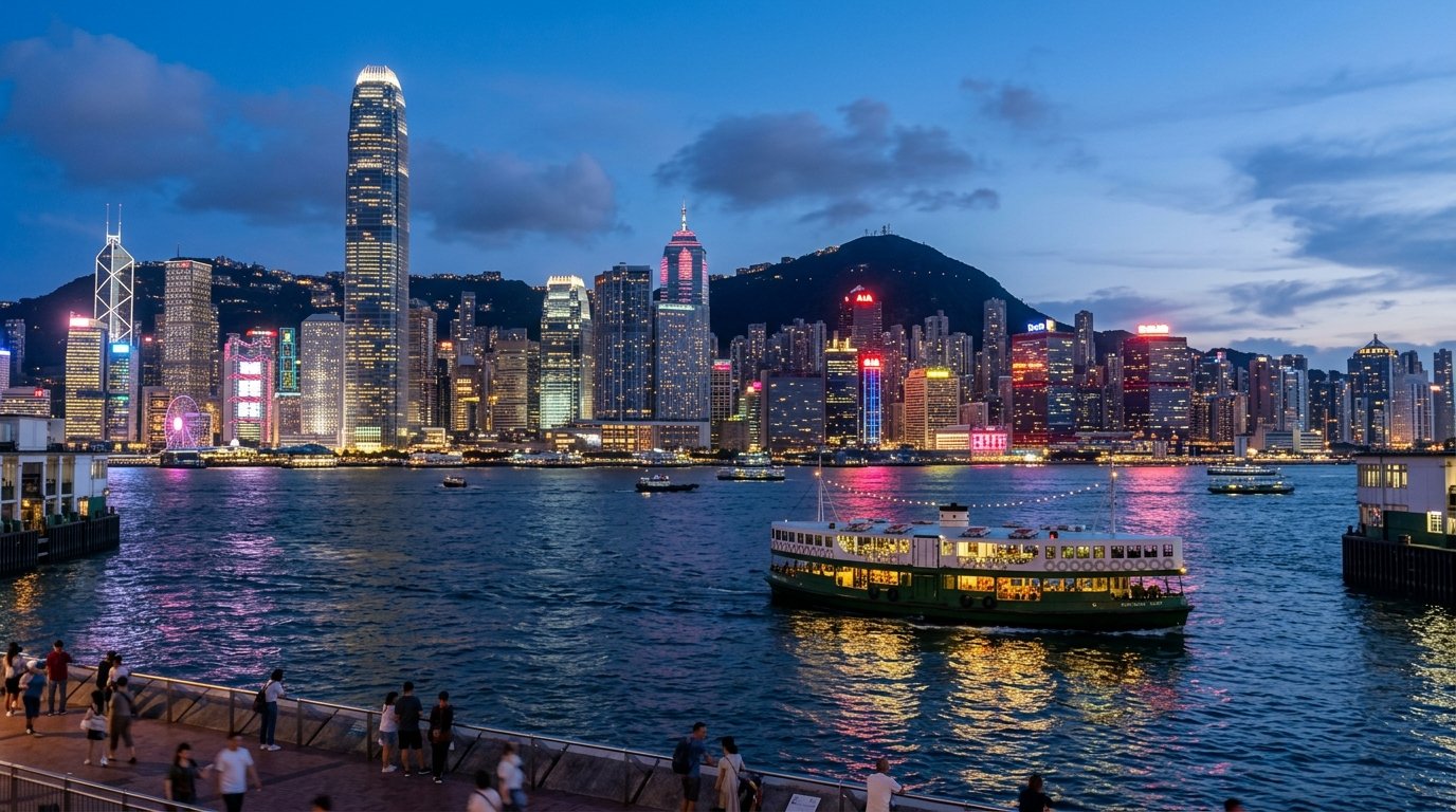 Hong Kong Victoria Harbour skyline at twilight with Star Ferry crossing