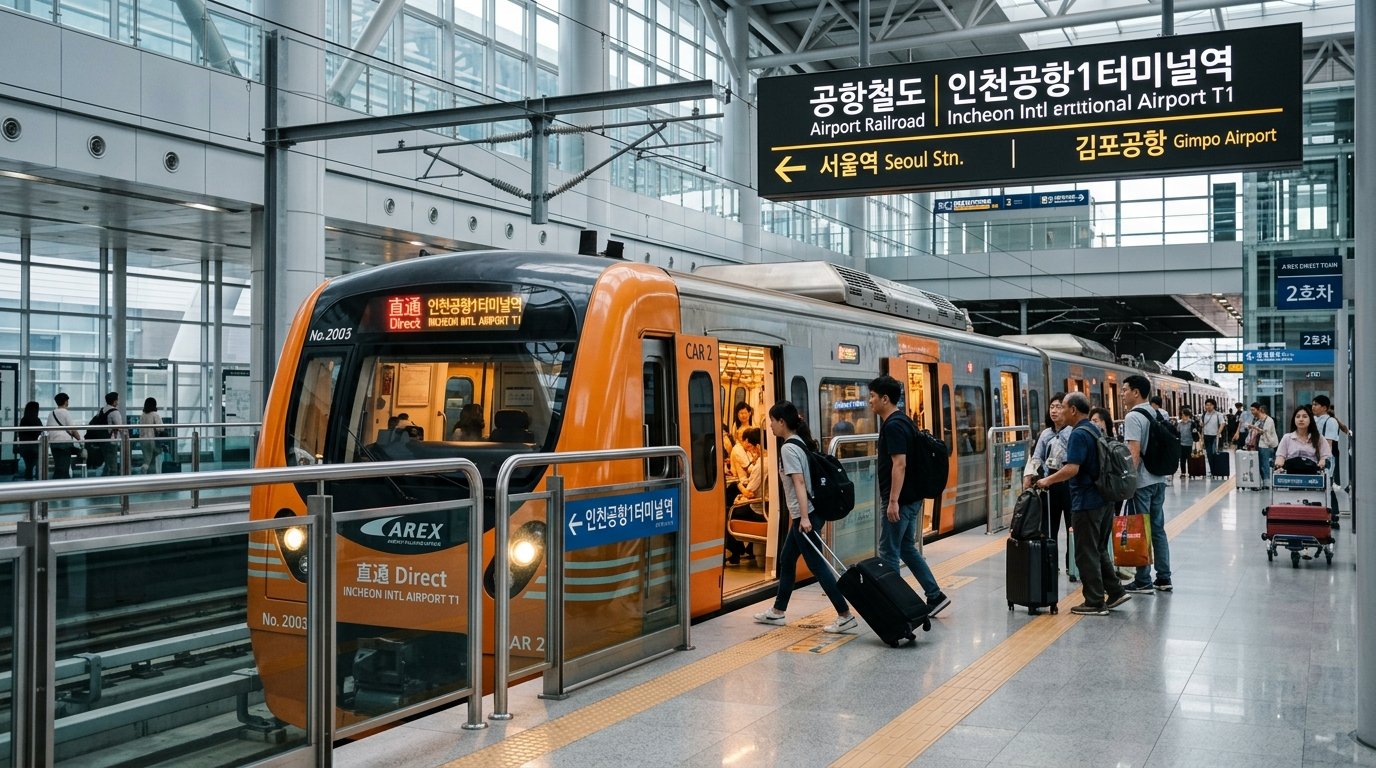 Incheon Airport to Seoul transport options showing AREX Airport Railroad Express train at platform