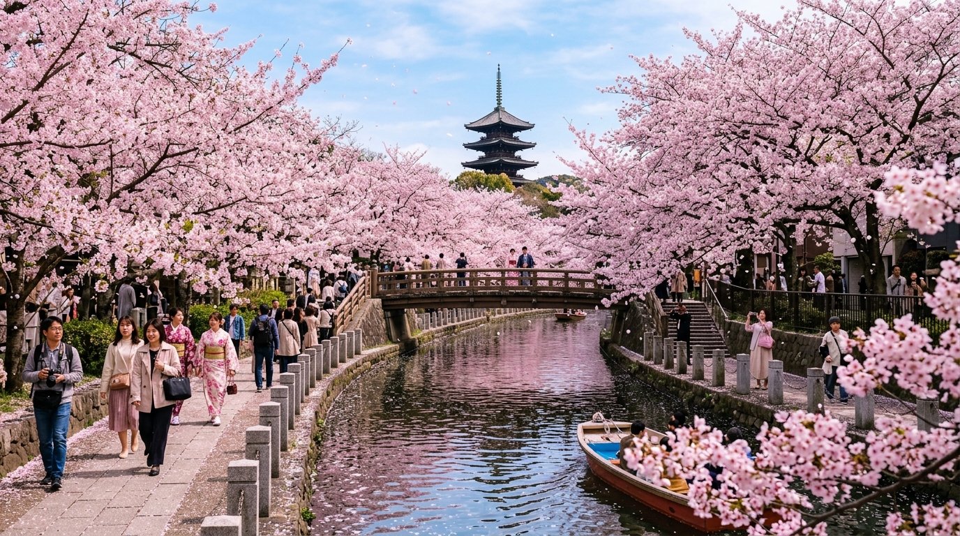 Best time to visit Japan showing cherry blossom sakura trees lining a canal with pagoda and visitors in spring