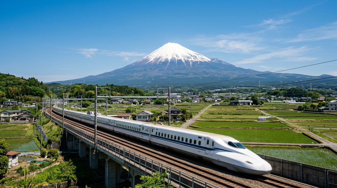 Shinkansen bullet train passing Mount Fuji in winter with snow-capped peak, highlighting travel options in Japan across all seasons