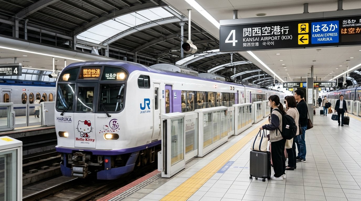 JR Kansai Airport Express Haruka train arriving at Kansai Airport station platform