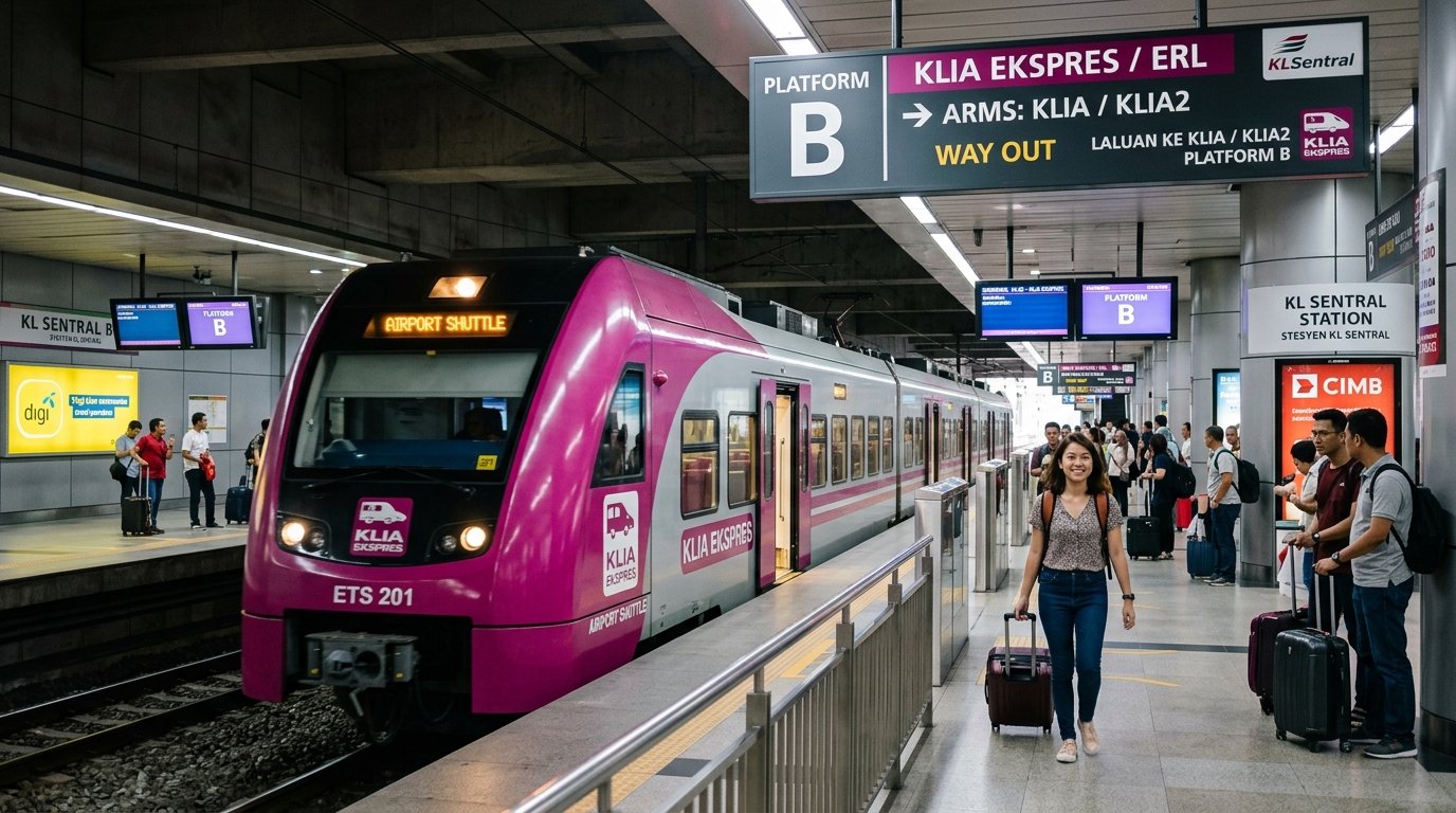 Modern magenta KLIA Ekspres high speed train at KL Sentral station platform in Kuala Lumpur