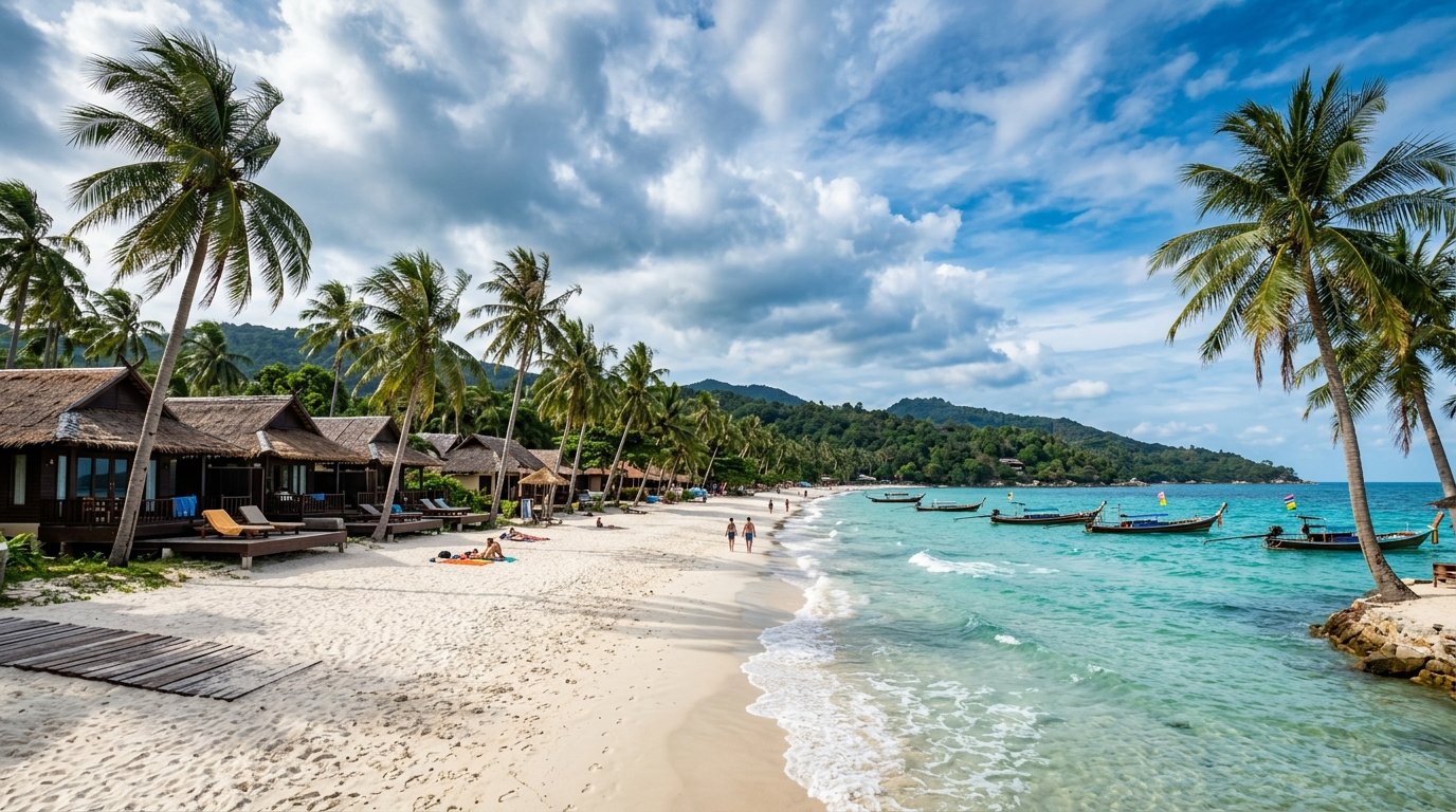 Idyllic Koh Samui Chaweng Beach with coconut palms and beachfront bungalows