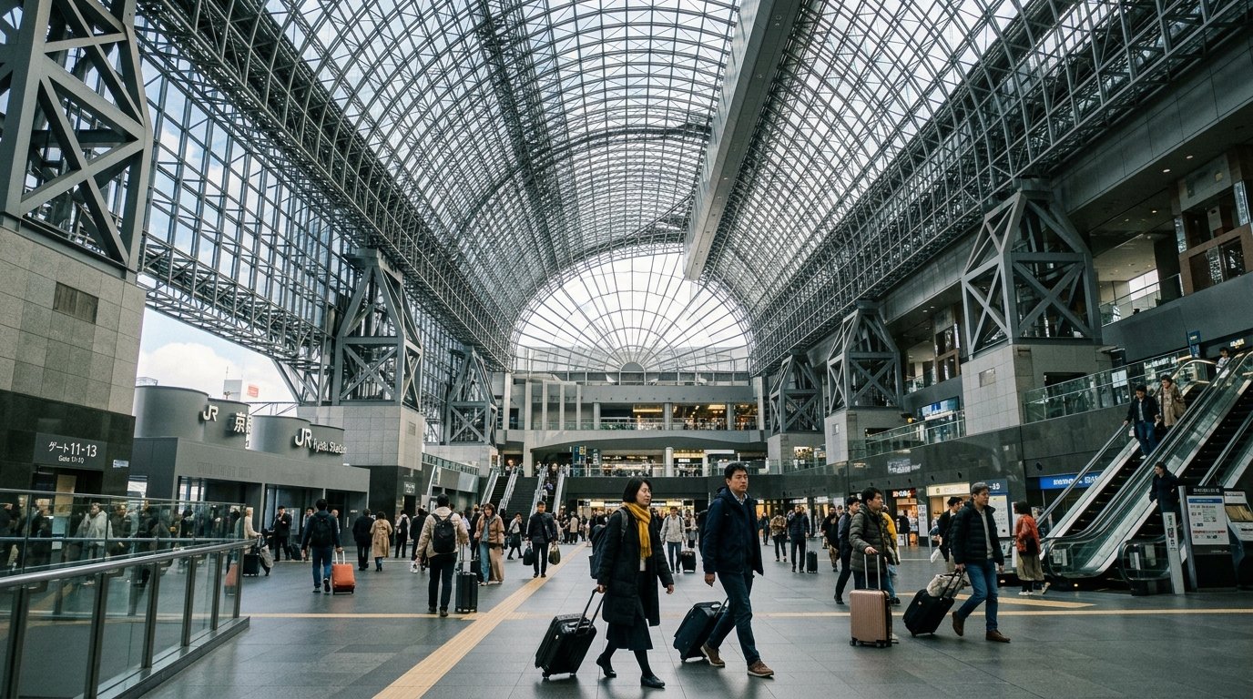 Modern glass atrium interior of Kyoto Station building with travellers